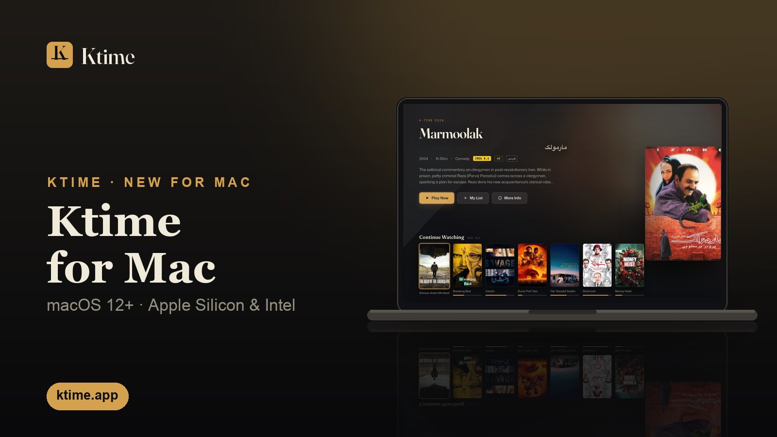 Ktime for Mac — the native Mac app for Persian films, series and live TV, on a laptop