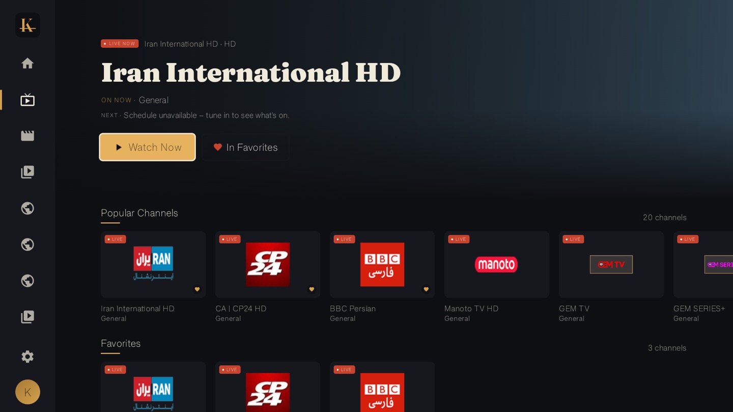 Live Persian TV channels in K-Time — Iran International, BBC Persian, Manoto and more
